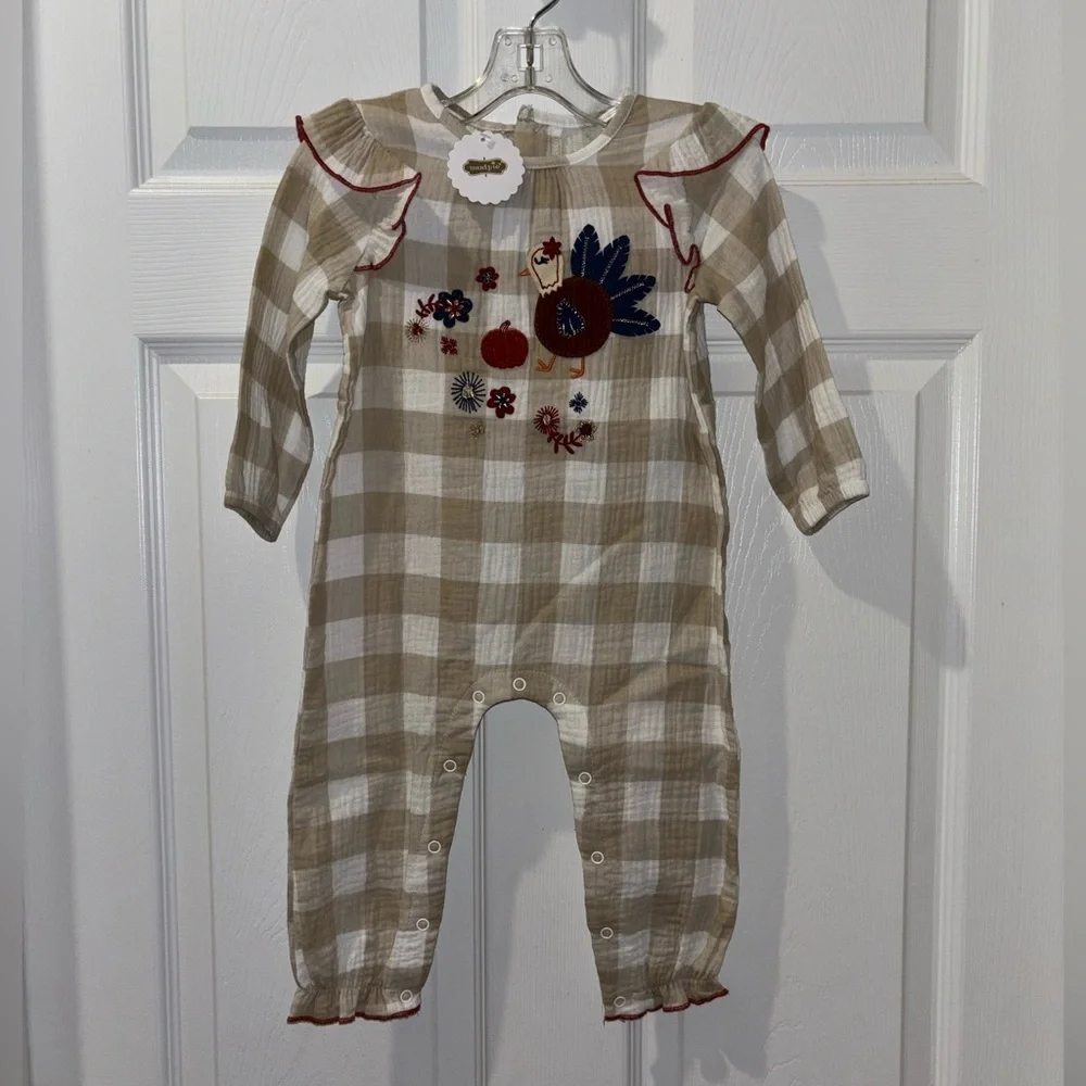 Mud Pie Baby Girls Thanksgiving Cream Turkey Applique One-Piece bodysuit​​​